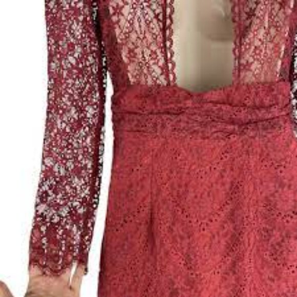 Saylor Celia Russet Red Lace Mock Neck Long Sleeve Cocktail Dress Size L - Picture 3 of 5